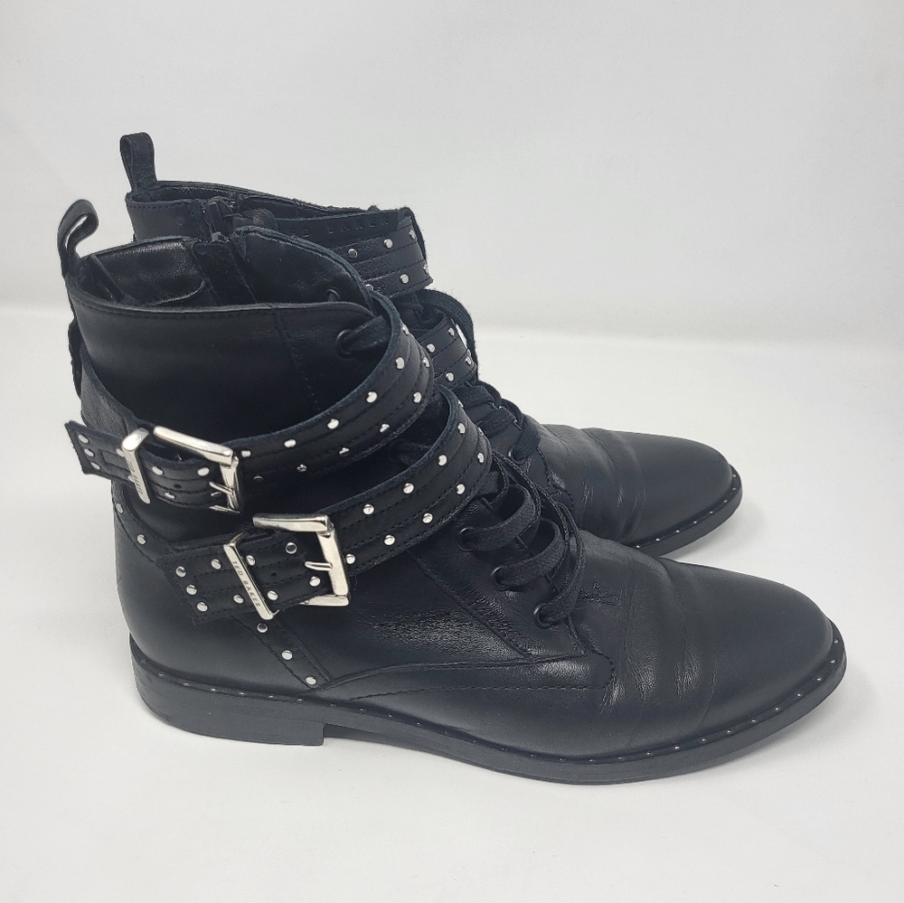 Ted Baker Women Size 8 Kelanaa Lace Up Studded Biker‎ Moto Boots Black Combat